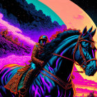 Digital artwork: Knight in futuristic armor on majestic horse under surreal sky