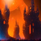 Sci-fi landscape with spire-like structures under an orange sky