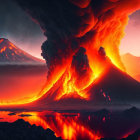 Erupting volcano with flowing lava and ash plume at dusk or dawn