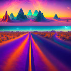 Colorful alien landscape: purple road, twin mountains, psychedelic sky, moon, flying saucer