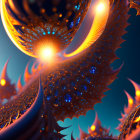 Vibrant abstract fractal art with orange and blue tentacles and glowing orbs