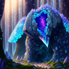 Mystical forest with glowing crystal and luminescent flora