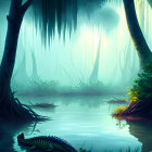 Mystical swamp with vibrant blue water and starfish-like creature