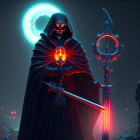 Hooded figure with skull face in misty forest holding orb and scythe