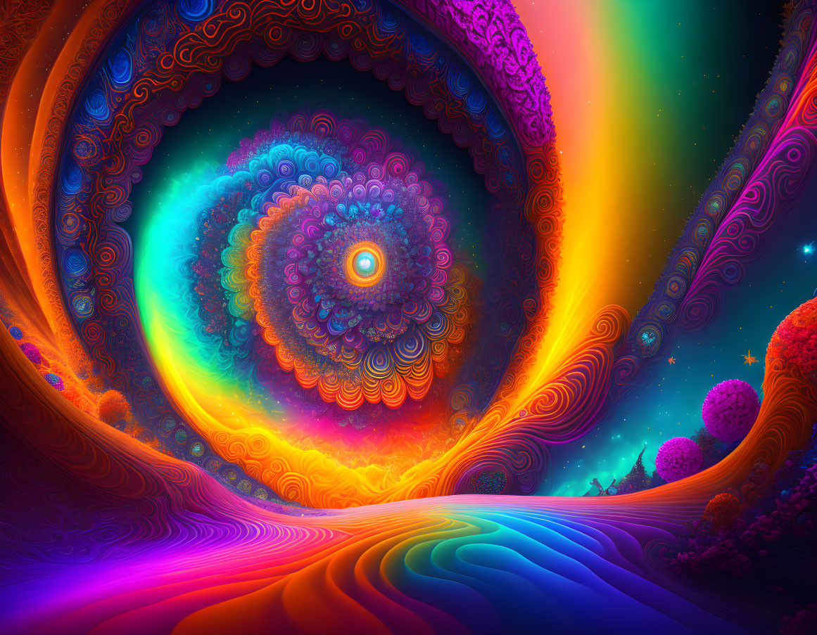 Colorful Psychedelic Landscape with Swirling Vortex