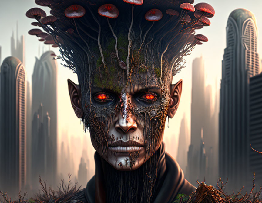 Fantasy humanoid with tree-like features in futuristic cityscape