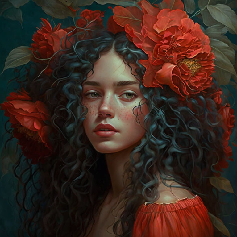 Portrait of woman with curly dark hair and red flowers against green backdrop