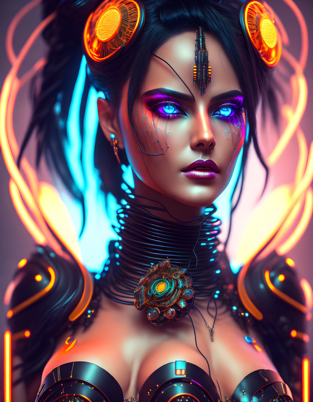 Futuristic female figure with blue eyes and cybernetic enhancements