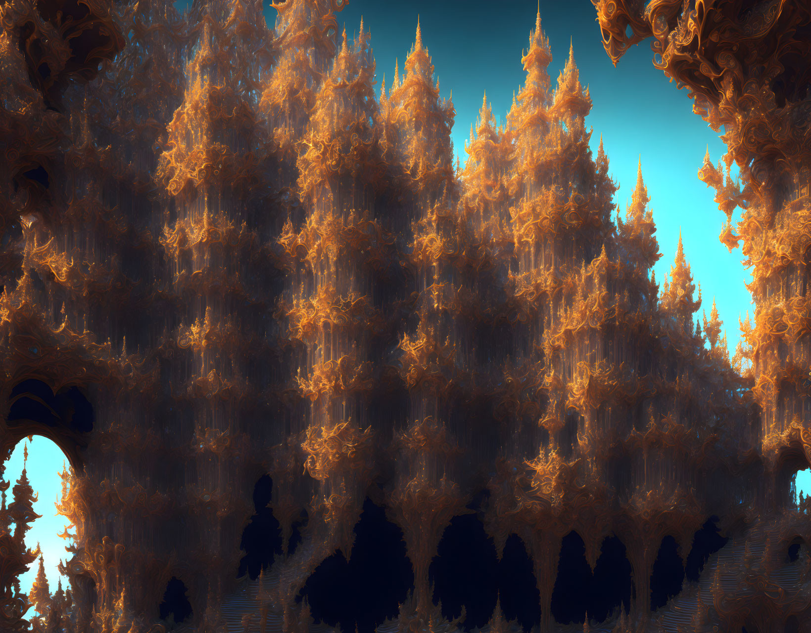 Fractal forest digital artwork in golden hues on deep blue background