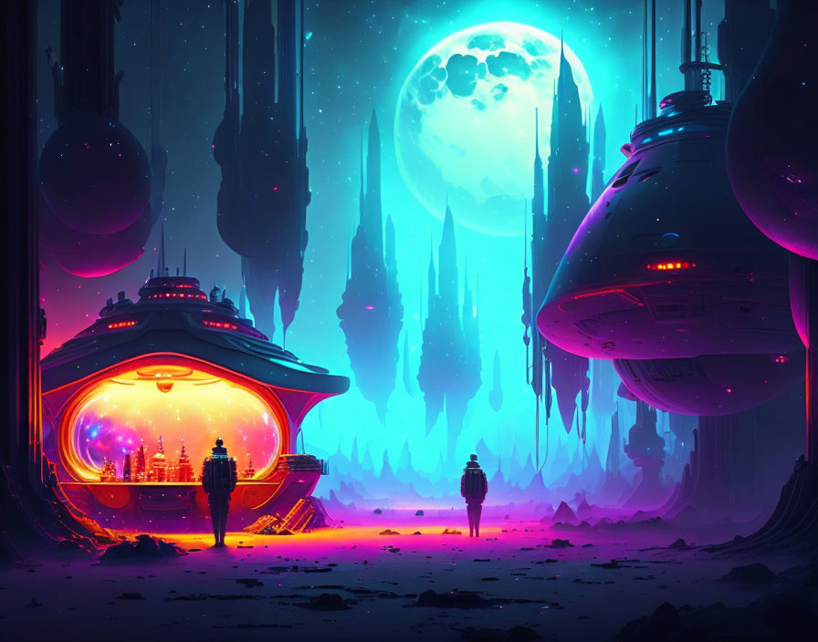 Futuristic cityscape with spaceships, moon, and lone figure