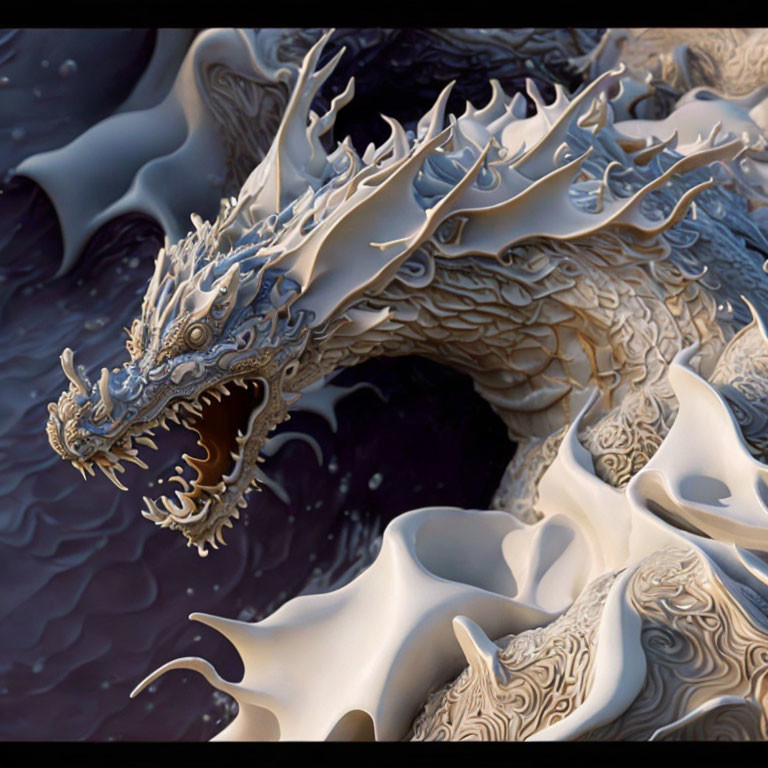 Intricately textured dragon art on smooth, wavy background