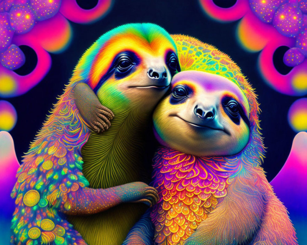 Colorful Sloths Embracing on Psychedelic Background