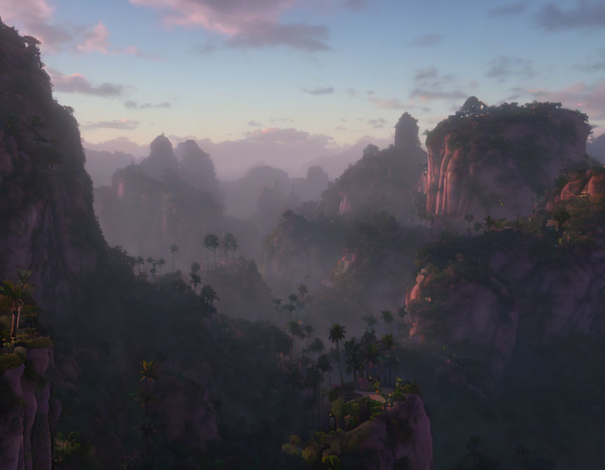 Mystical dawn landscape with towering rock formations in misty forest