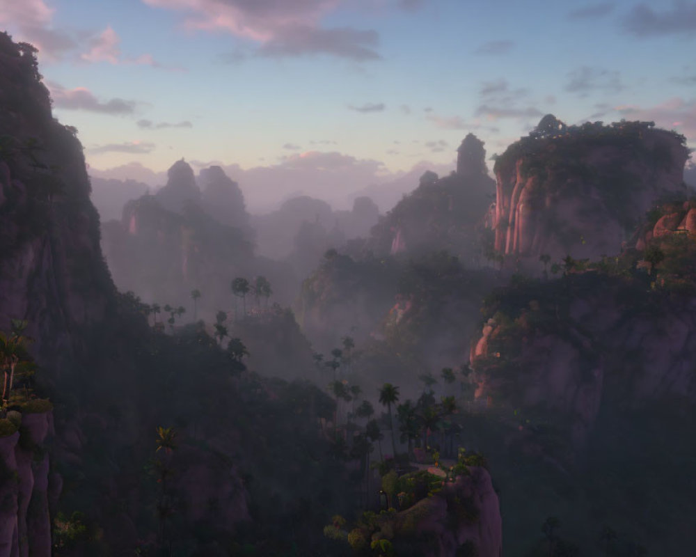 Mystical dawn landscape with towering rock formations in misty forest