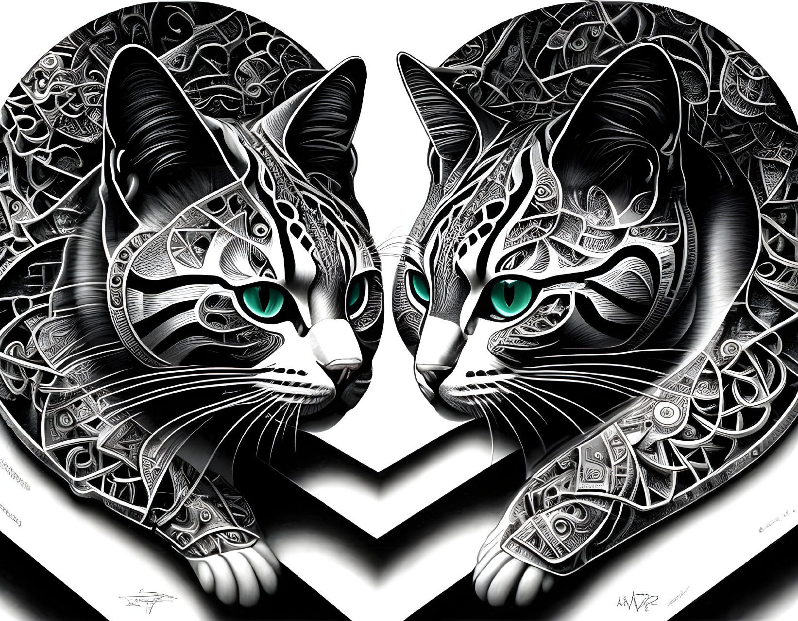 Intricately patterned black and white cats with green eyes forming heart shape