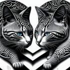 Intricately patterned black and white cats with green eyes forming heart shape