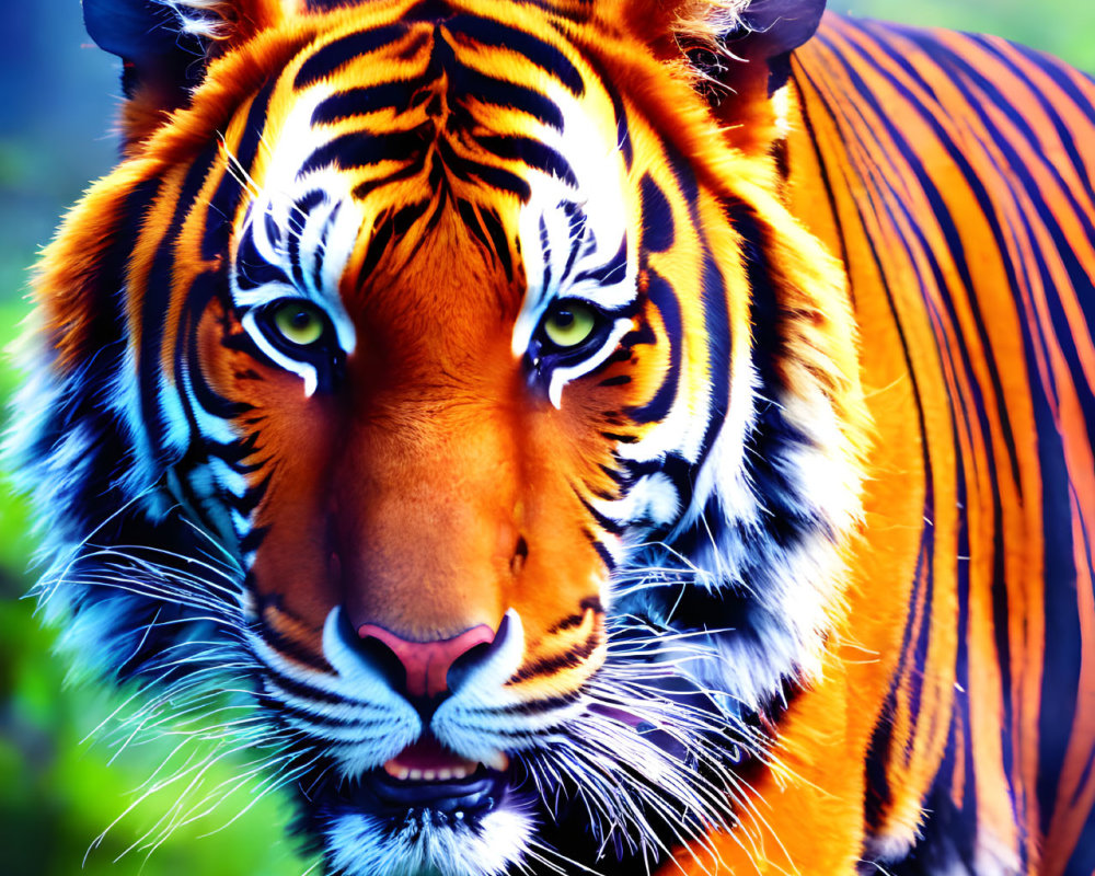 Close-up of vibrant orange tiger with black stripes and piercing eyes in lush greenery