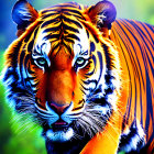 Close-up of vibrant orange tiger with black stripes and piercing eyes in lush greenery