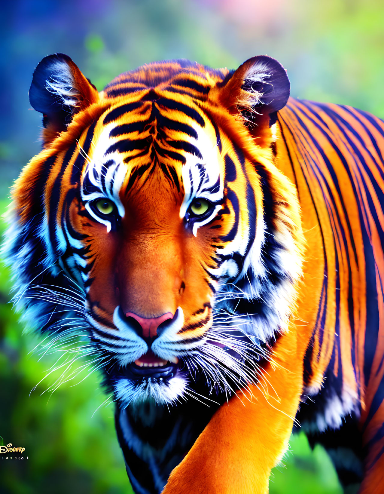 Close-up of vibrant orange tiger with black stripes and piercing eyes in lush greenery