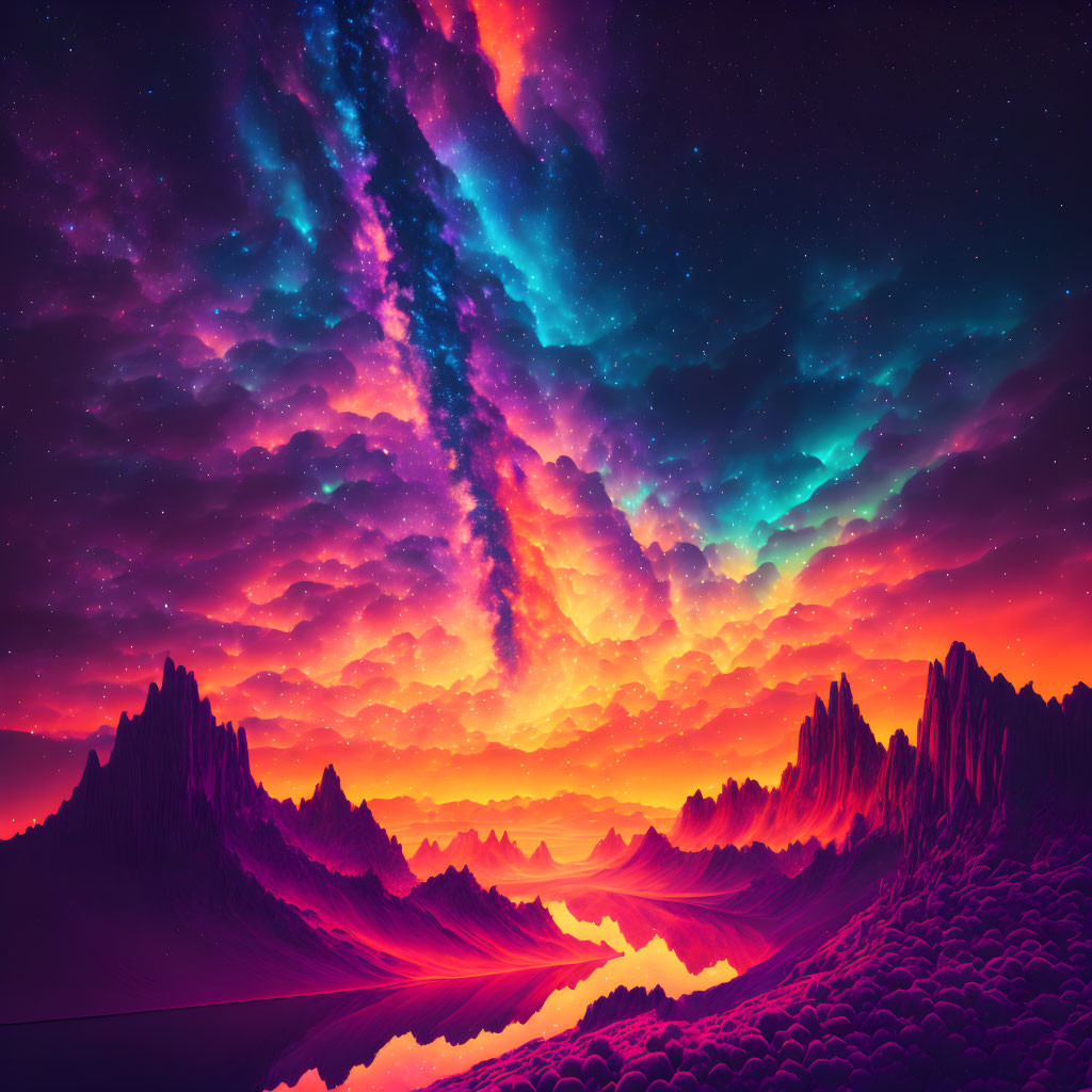 Colorful Digital Artwork of Surreal Landscape with River and Mountains