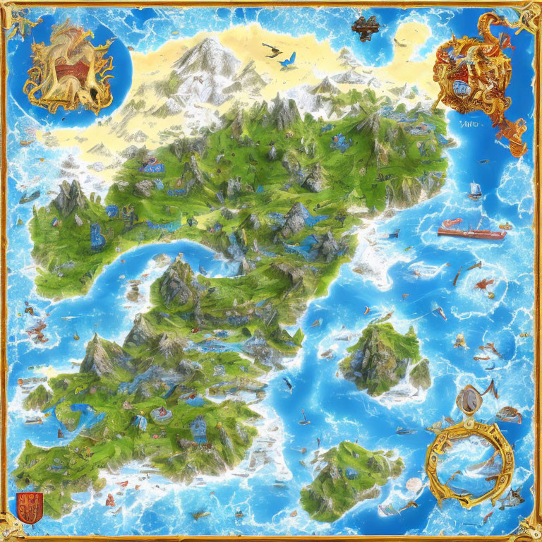 Detailed Fantasy Map with Islands, Mountains, Forests, Castles, Ships, Sea Monsters, Compass