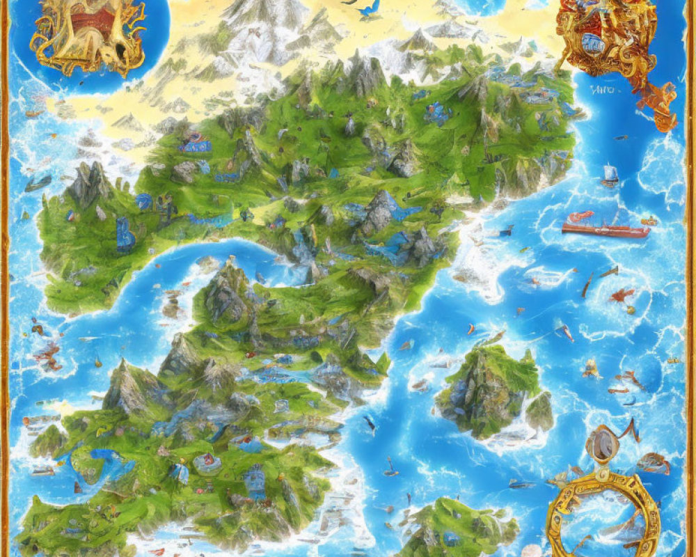 Detailed Fantasy Map with Islands, Mountains, Forests, Castles, Ships, Sea Monsters, Compass