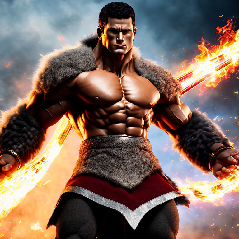 Muscular animated character in fur-trimmed costume surrounded by flames and energy blasts