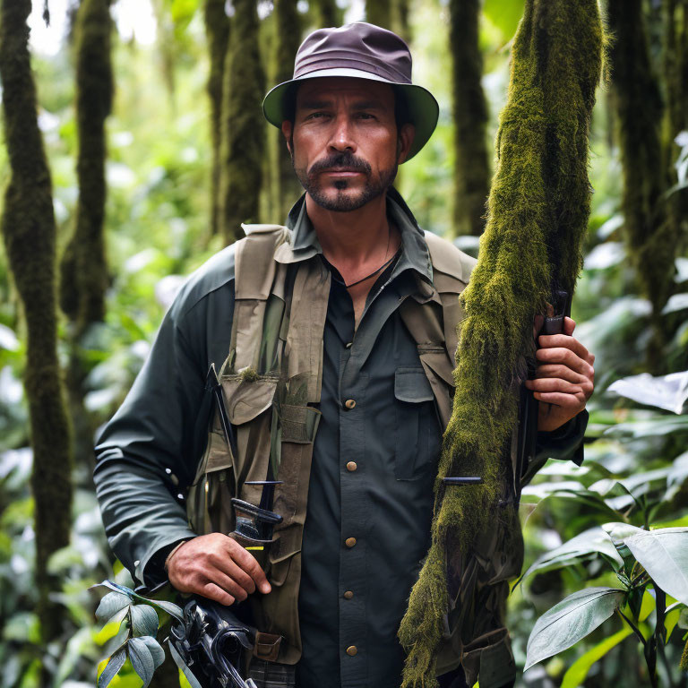 Bearded man in hat, vest, green shirt, with rifle in lush forest