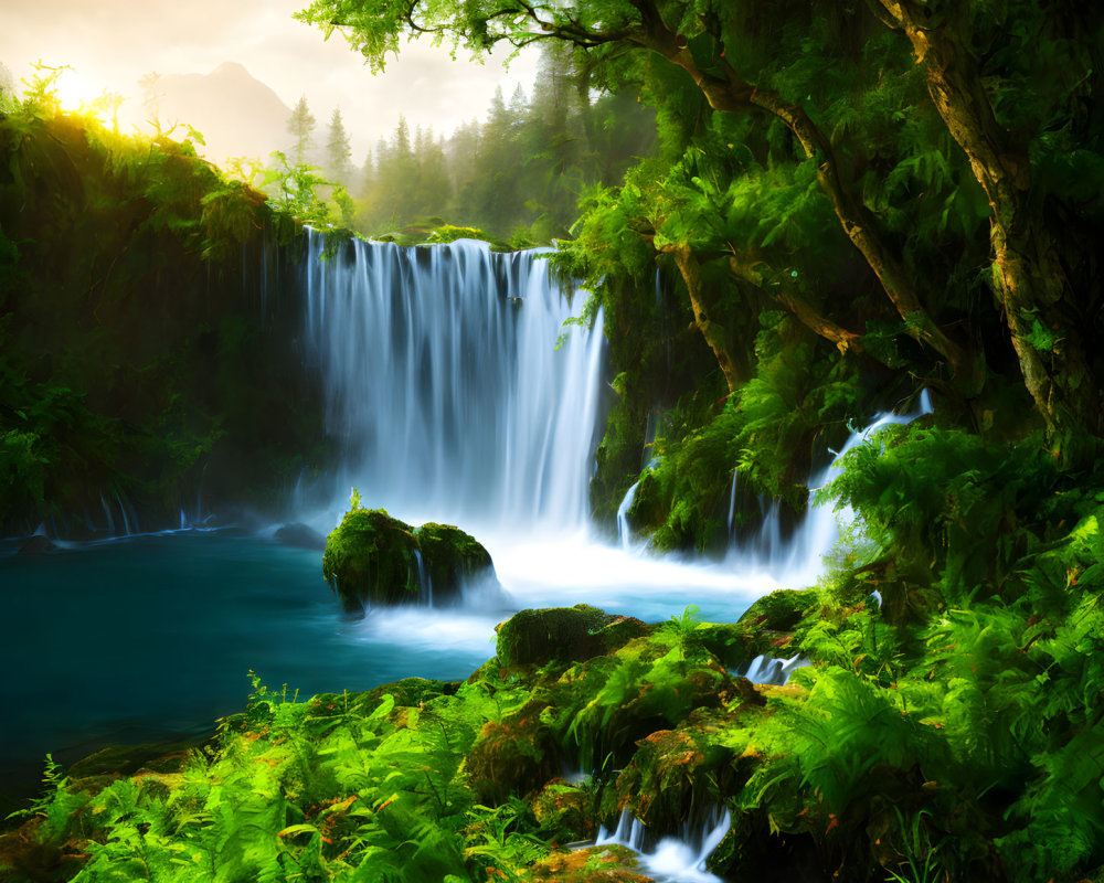 Serene waterfall in lush greenery with sunlight beams