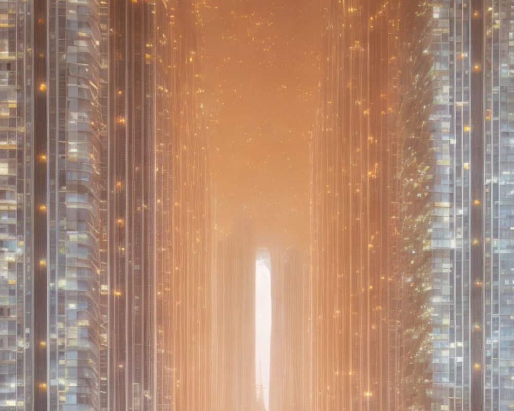 Futuristic Cityscape with Illuminated Skyscrapers in Golden Haze