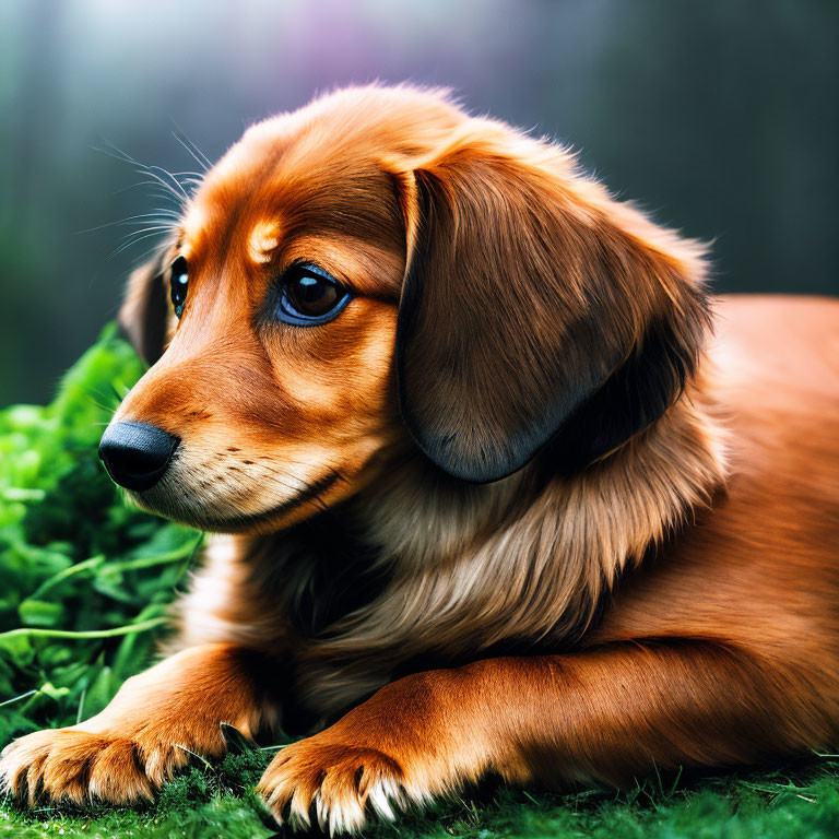 Brown Dachshund Resting on Green Grass with Thoughtful Expression