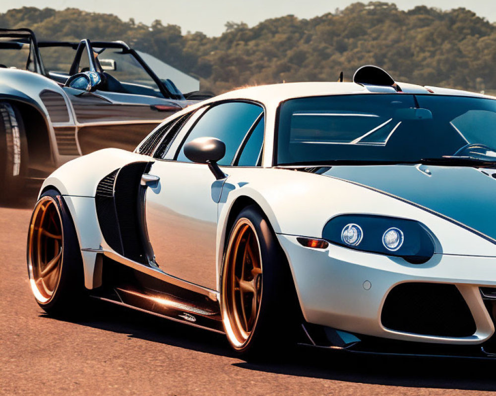 White Sports Car with Black Accents & Gold Rims by Waterfront & Boat