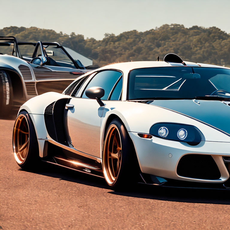 White Sports Car with Black Accents & Gold Rims by Waterfront & Boat