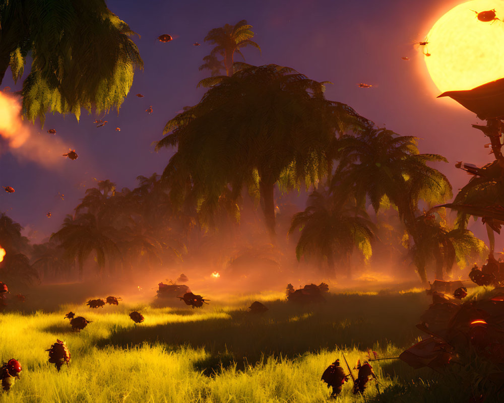 Majestic sunset landscape with palm trees, floating islands, and low-hanging moon
