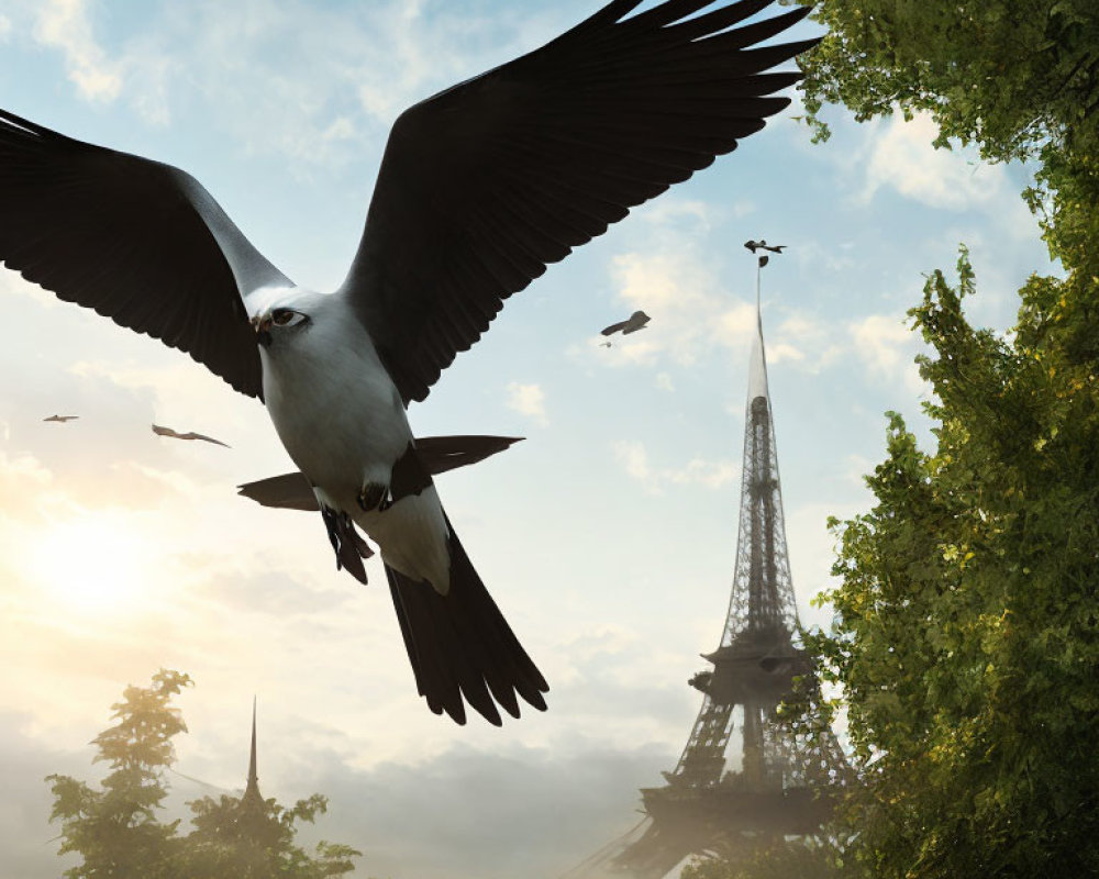 Bird with outstretched wings flying in front of Eiffel Tower and hazy sky