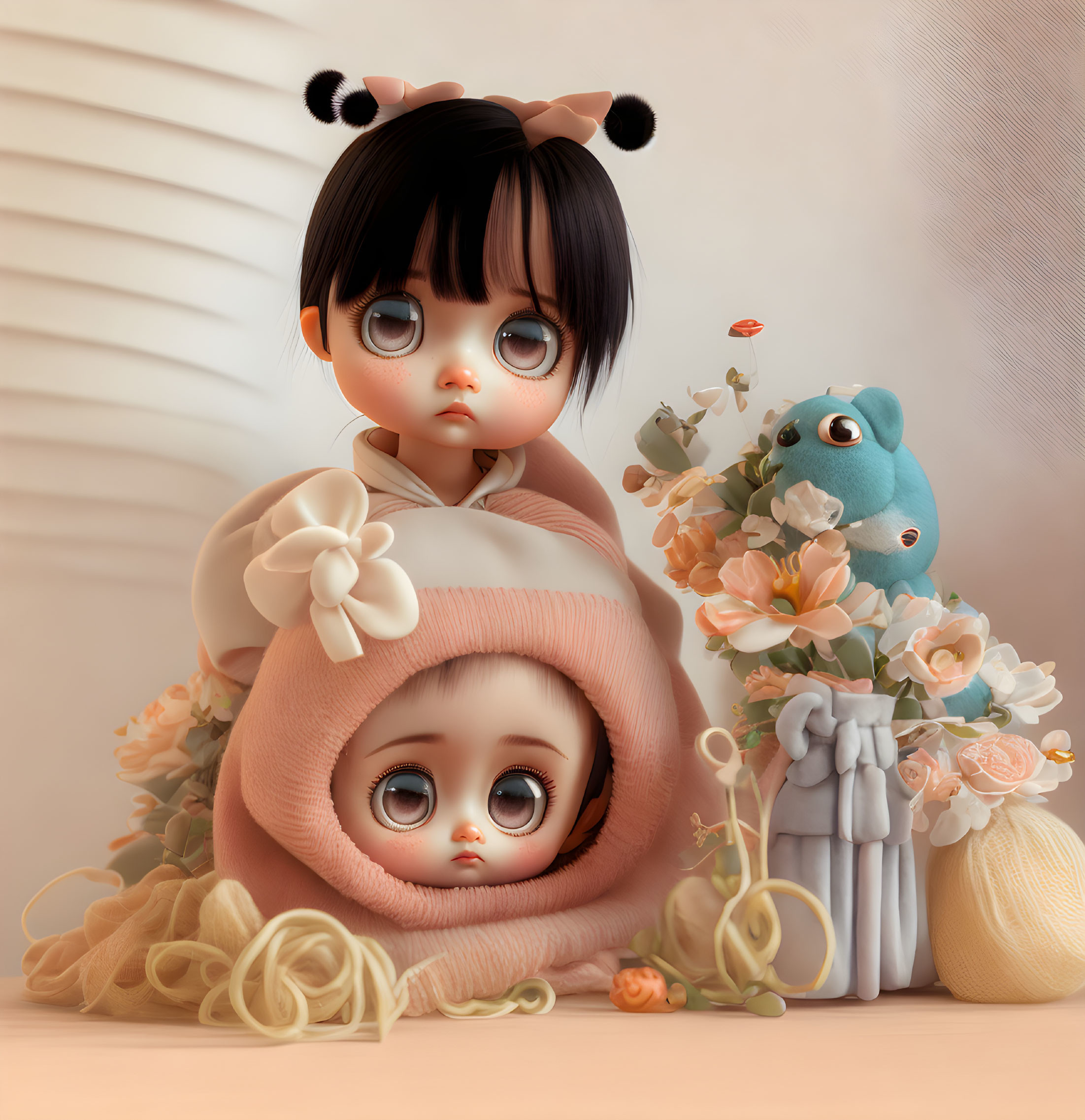 Stylized dolls with large eyes, floral arrangement, plush frog on soft backdrop