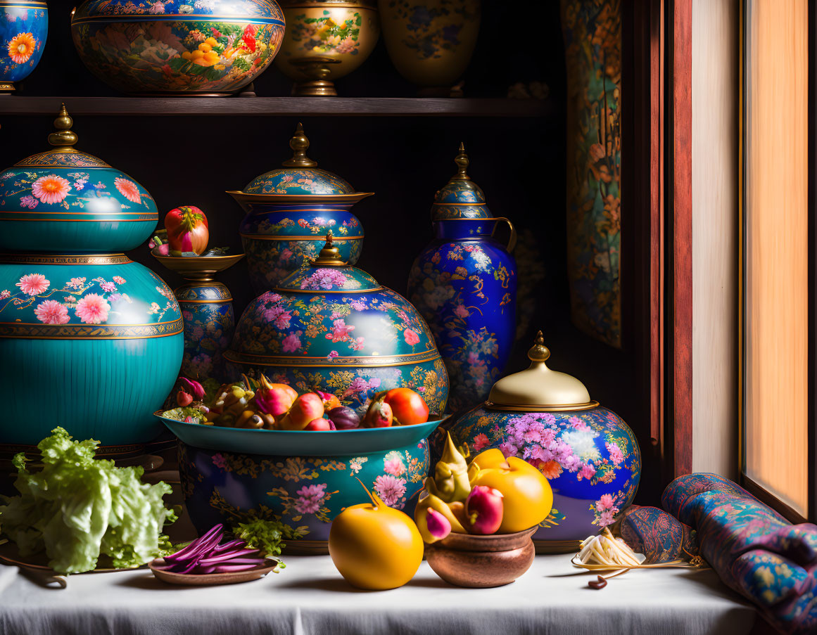 Blue and Floral-Patterned Porcelain Jars and Vases on Dark Shelf with Fresh Fruits