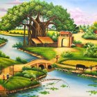 Fantastical landscape with whimsical tree-shaped houses and castles