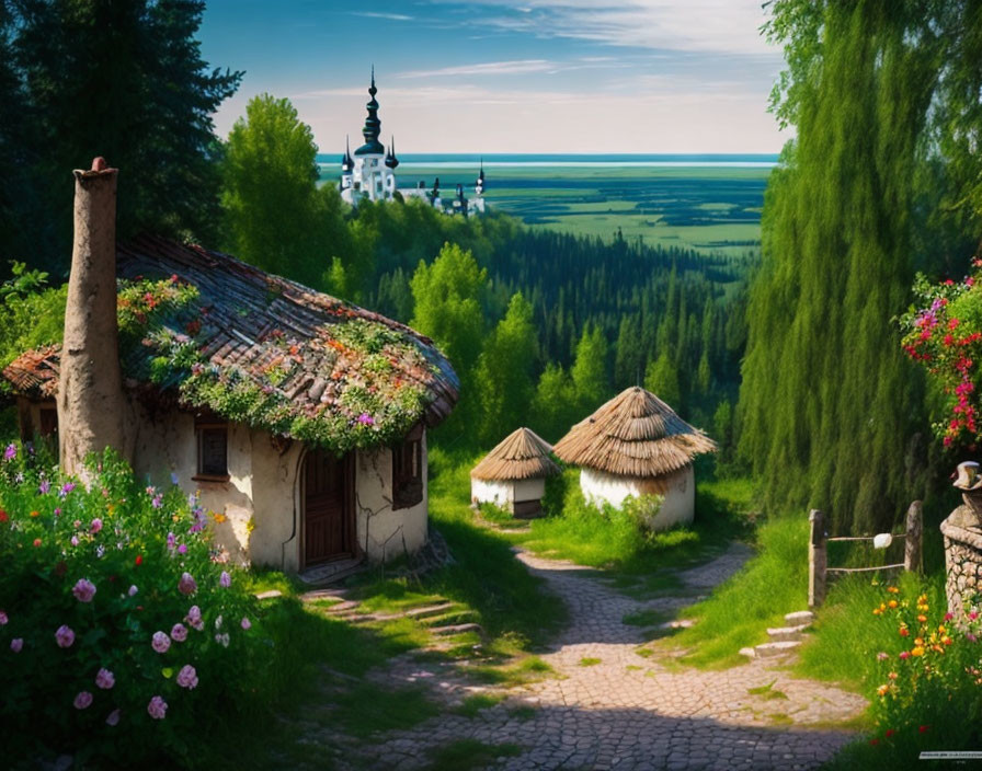 Thatched Roof Rustic Cottages with Flower-Covered Pathway