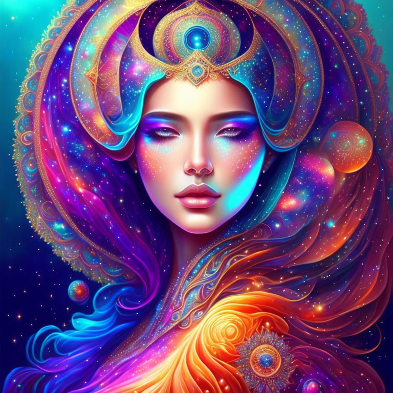 Colorful cosmic-themed woman illustration with rich blues, purples, and oranges.