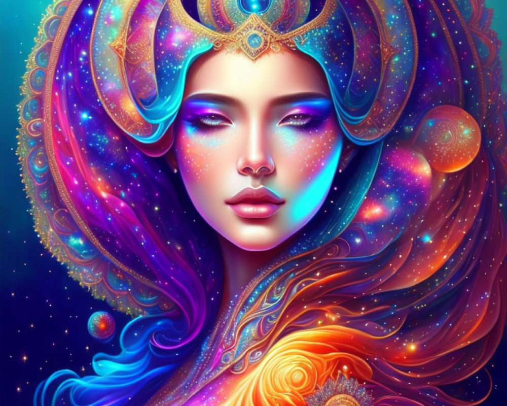 Colorful cosmic-themed woman illustration with rich blues, purples, and oranges.