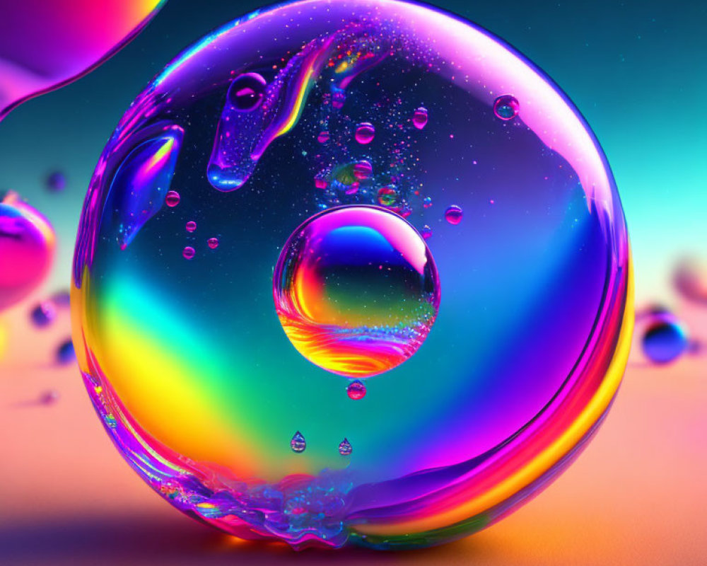 Colorful Soap Bubble with Rainbow Hues on Blurred Background