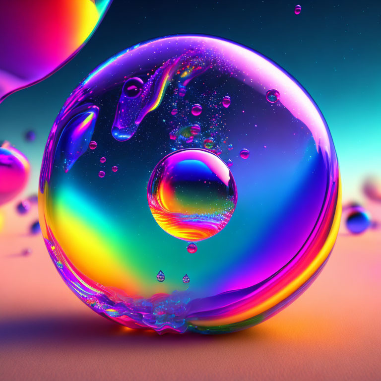 Colorful Soap Bubble with Rainbow Hues on Blurred Background