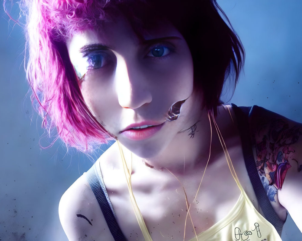 Pink-haired person with feather earring, spider web strands, and tattoos on arm against blue background