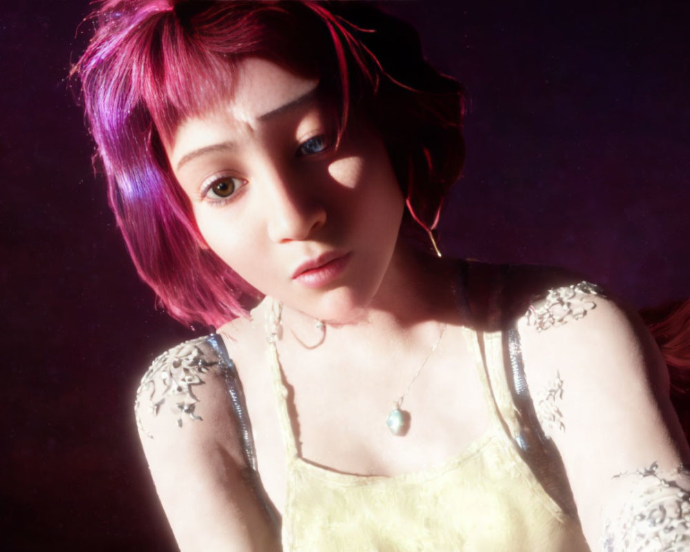 Female character with large eyes, purple hair, yellow dress, and tattoos on arms in dark setting