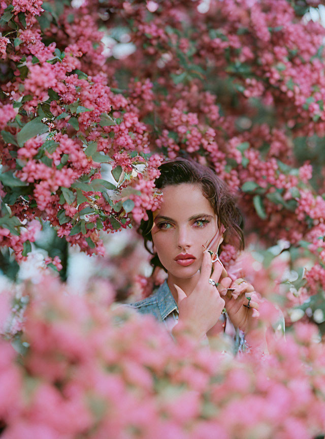 Person looking through vibrant pink flowers in lush greenery