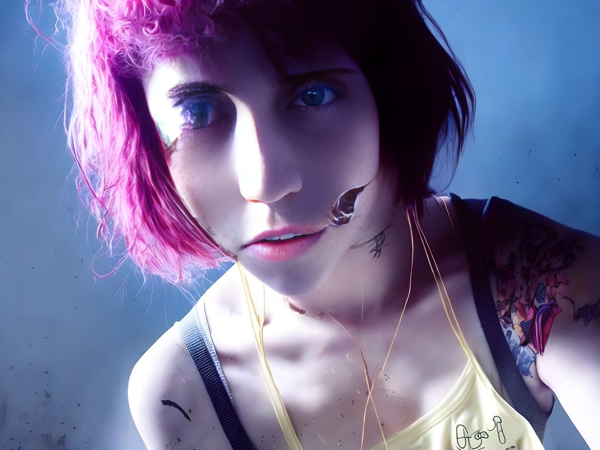 Pink-haired person with feather earring, spider web strands, and tattoos on arm against blue background