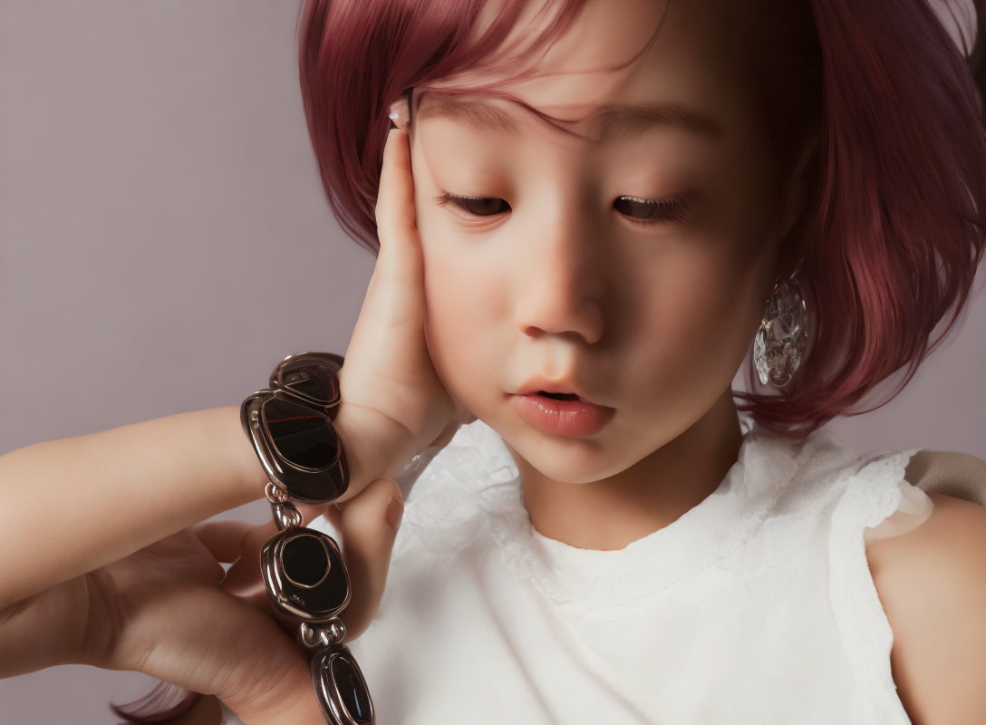 Pink-haired child with ornate rings in contemplation