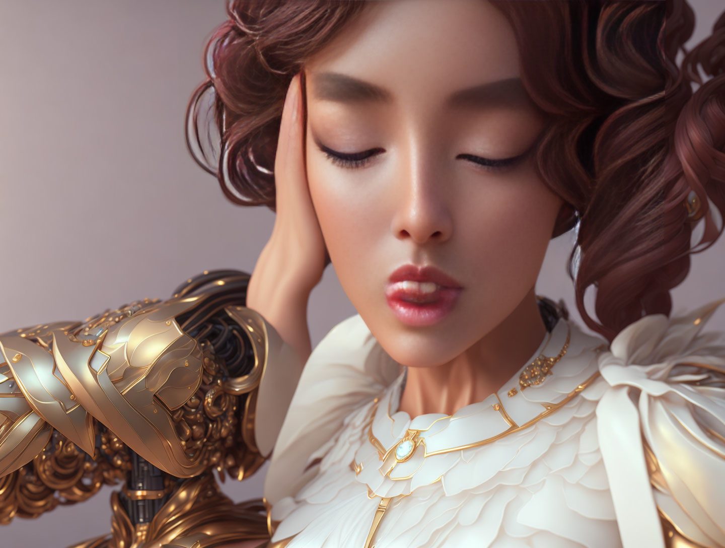 Detailed 3D rendering: Woman with golden mechanical arm, white ruffled clothing, brown hair.