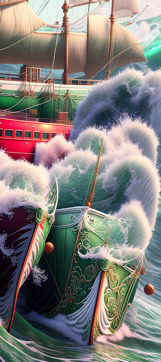 Green ornate ship navigating turbulent high sea waves under pastel sky